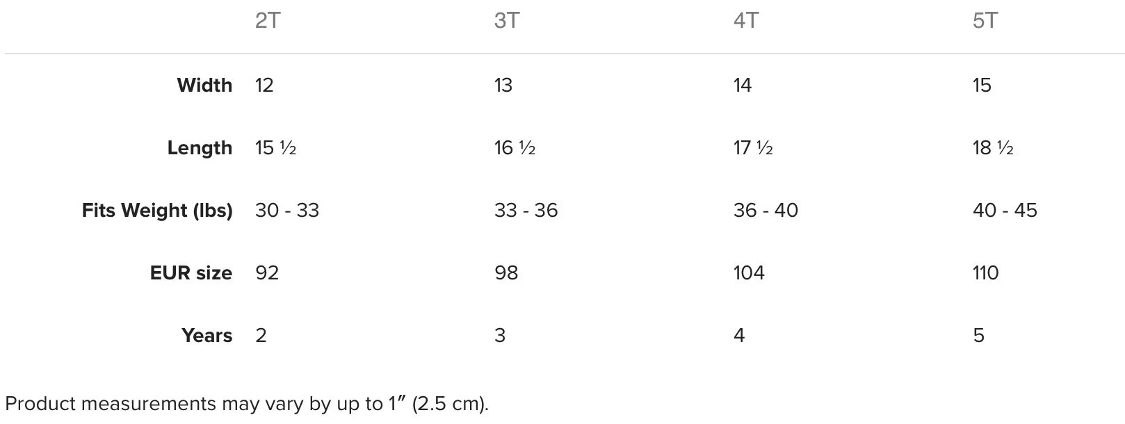 TODDLER TEE 3001T SIZE CHART — Danny Go!
